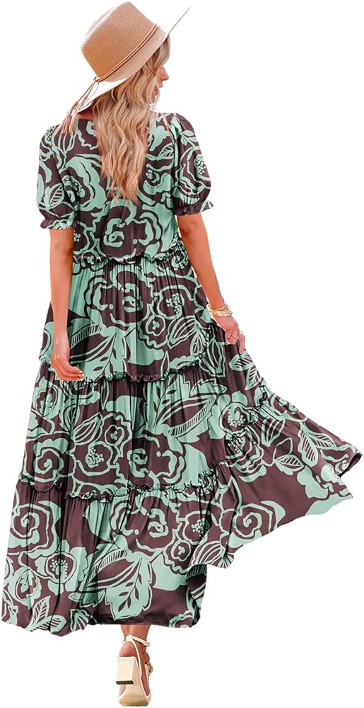 YESNO Summer Casual Bohemian Floral Dresses for Women 2024 Puff Short Sleeve Long Maxi Dress with Pockets ETX