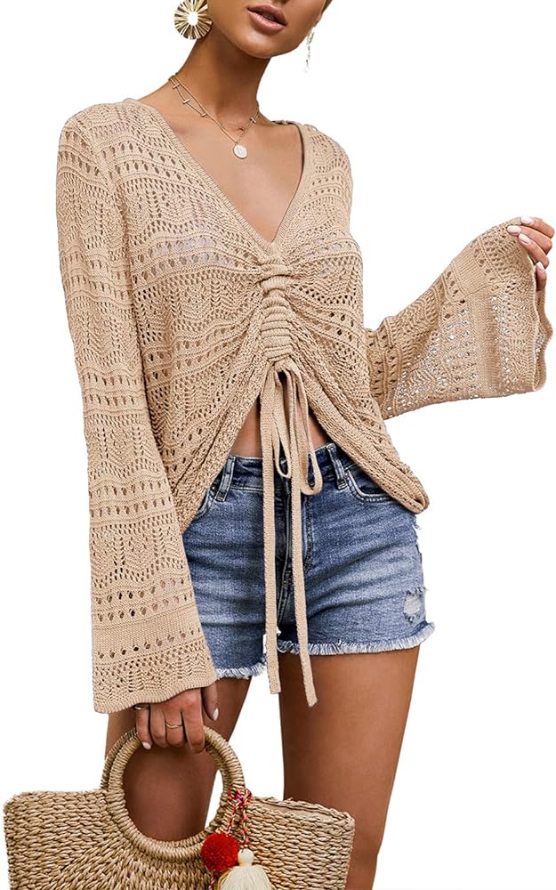 FERBIA Women Crochet Top Beach Cloth Drawstring Shirt Cover Up Oversized Sexy Beachwear Lace Up Tee Poncho