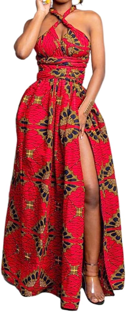 Vimoisa Women's Sexy Boho African Dress Long Maxi Dress V-Neck Multi-Way Dress Pleated Dresses Floral Print