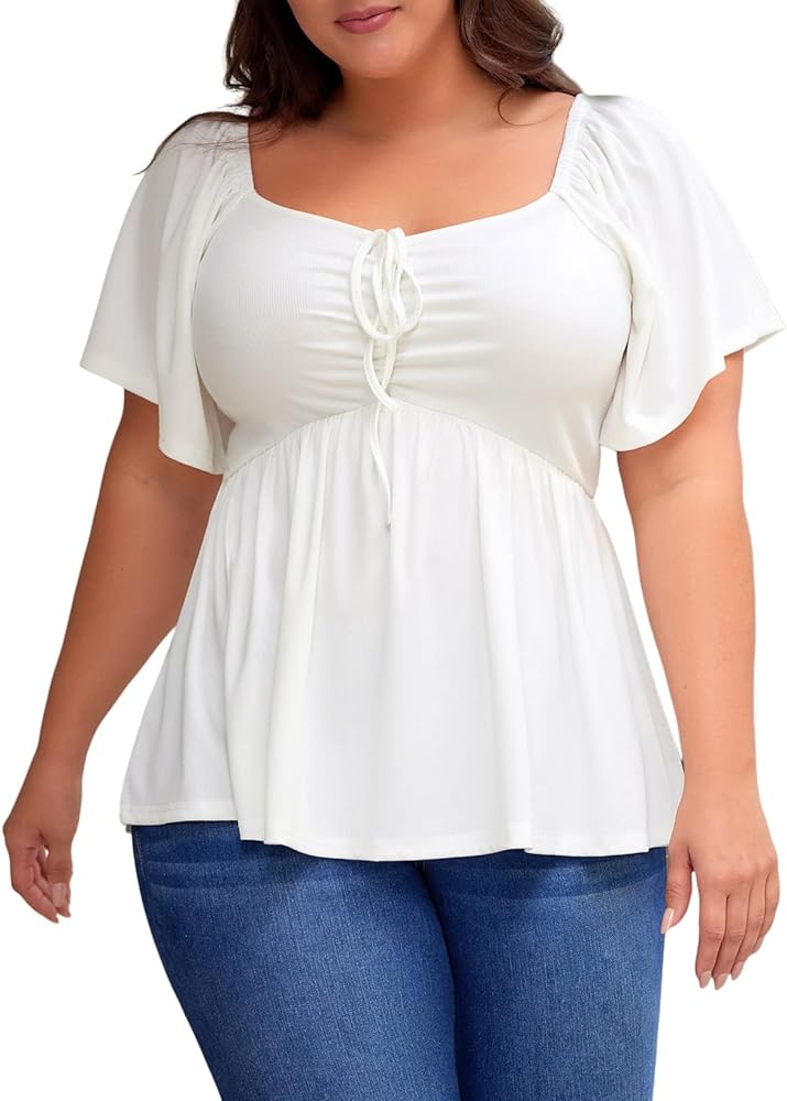 Eytino Women Plus Size Sweetheart Neck Short Sleeve Shirred Peplum Blouse Tops Shirts(1X-5X)