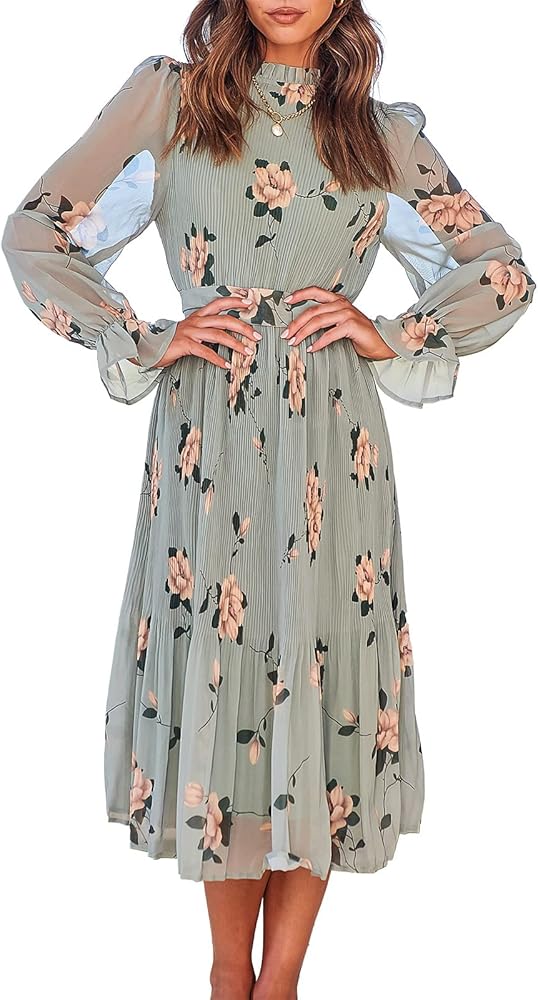 ANRABESS Women's Floral Midi Dress Puff Long Sleeve Casual Ruffle Chiffon A-Line Swing Pleated Belted Tea Party Dresses