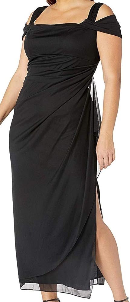 Alex Evenings Women's Plus Size Long Cold Shoulder Dress with Ruched Skirt