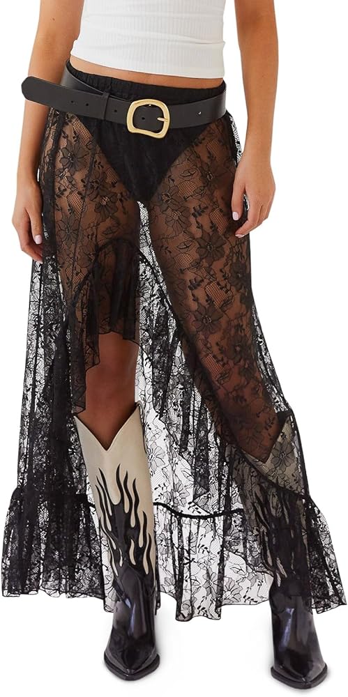 Cicy Bell Womens Lace Maxi Skirt Summer High Low Asymmetrical Sheer Y2K Sexy Beach Cover-up Long Skirts