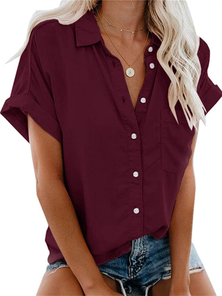 Womens Short Sleeve Casual Button Down Shirts Summer Soft Fashion Cotton Blouses Tops with Pocket