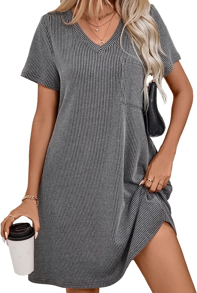 levaca Womens Summer Tshirt Dress 2024 V Neck Short Sleeve Ribbed Casual Dresses with Pocket