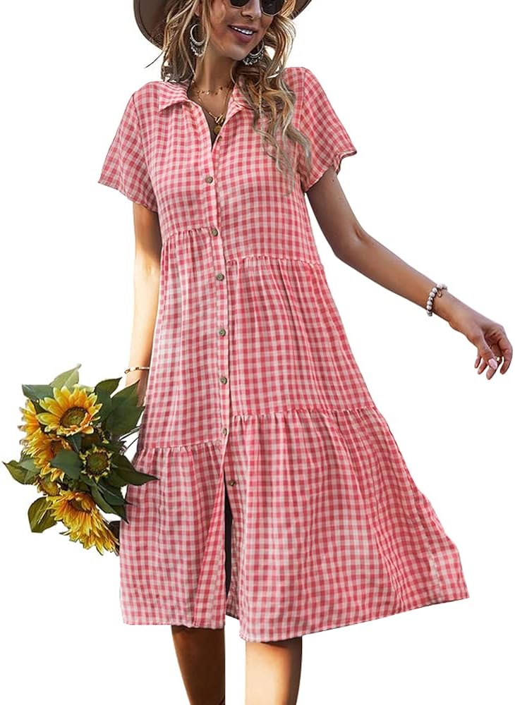 chouyatou Women's Summer Flutter Sleeve Midi Long Gingham Dress Plaid Button Down Shirt Dress