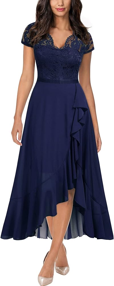 Miusol Women's V Neck Elegant Lace Ruffle Bridesmaid Maxi Dress