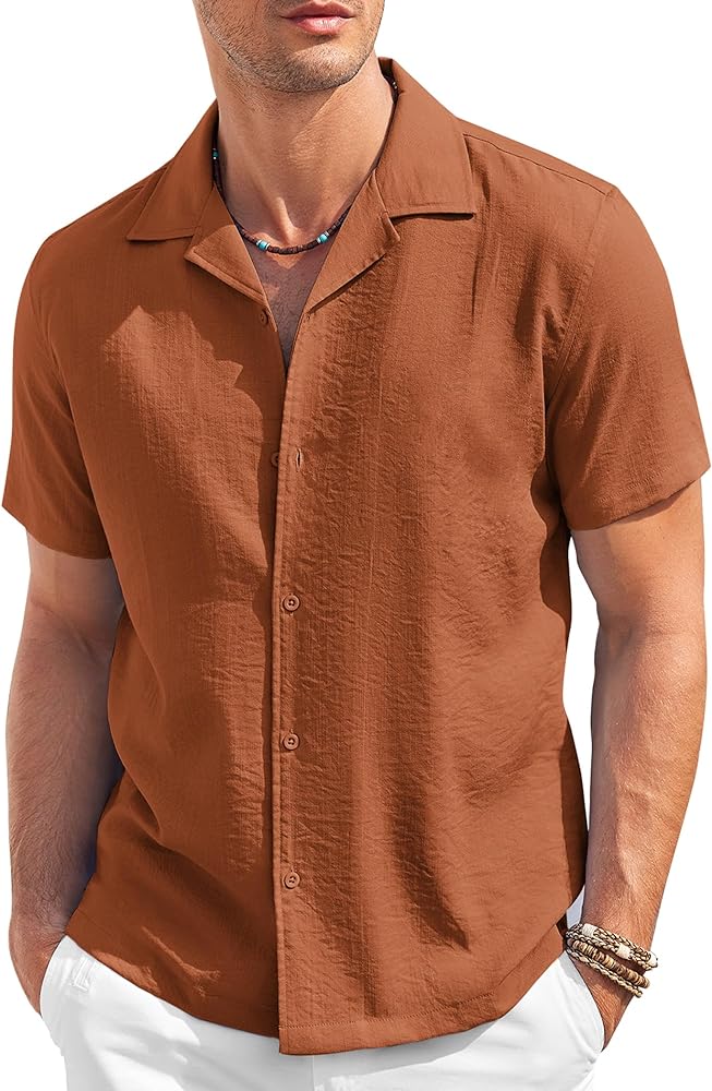 COOFANDY Men's Casual Button Down Shirt Short Sleeve Textured Summer Cuban Beach Shirts