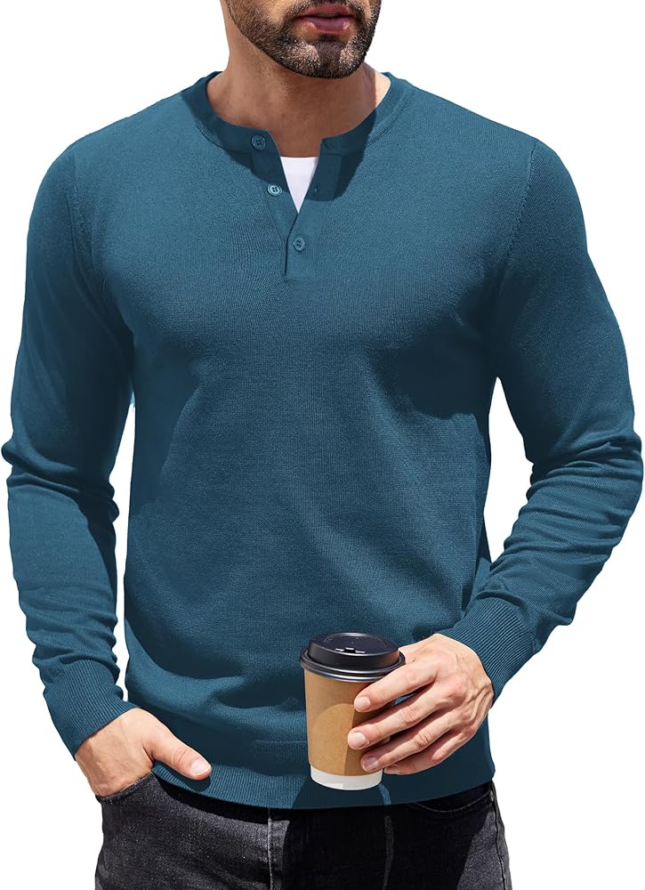 COOFANDY Men's Knit Henley Shirts Dress Long Sleeve Sweater Casual Collarless T-Shirt Quarter Button Pullover