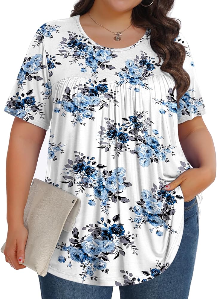 Womens Plus Size Tops Tunic Short Sleeve Crew Neck Shirts Casual Soft Blouse 1X-5X