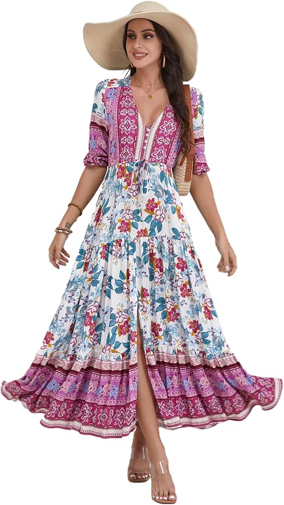 Women Short Sleeve V Neck Floral Print Casual Bohemian Maxi Dresses