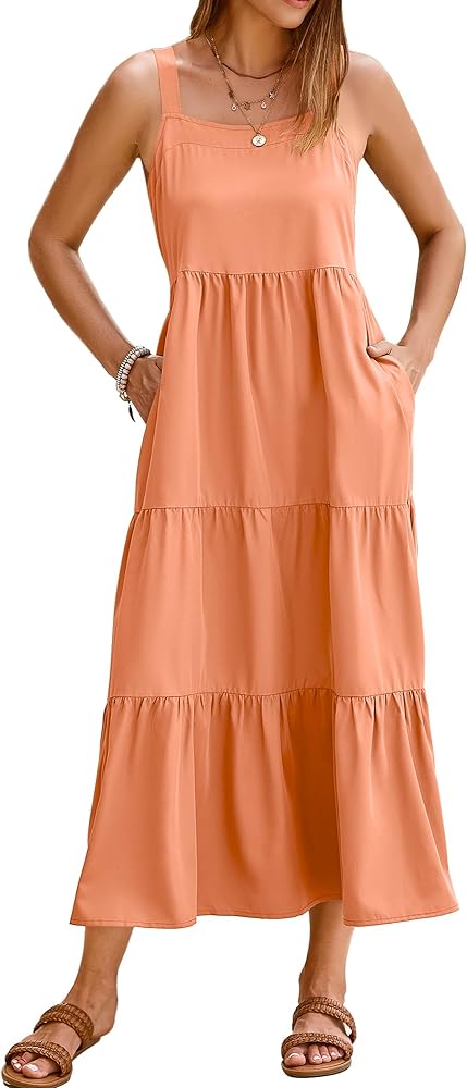 SimpleFun Womens Summer Dresses Sleeveless Adjustable Straps Tiered Maxi Dress with Pockets Casual Beach Long Sundresses