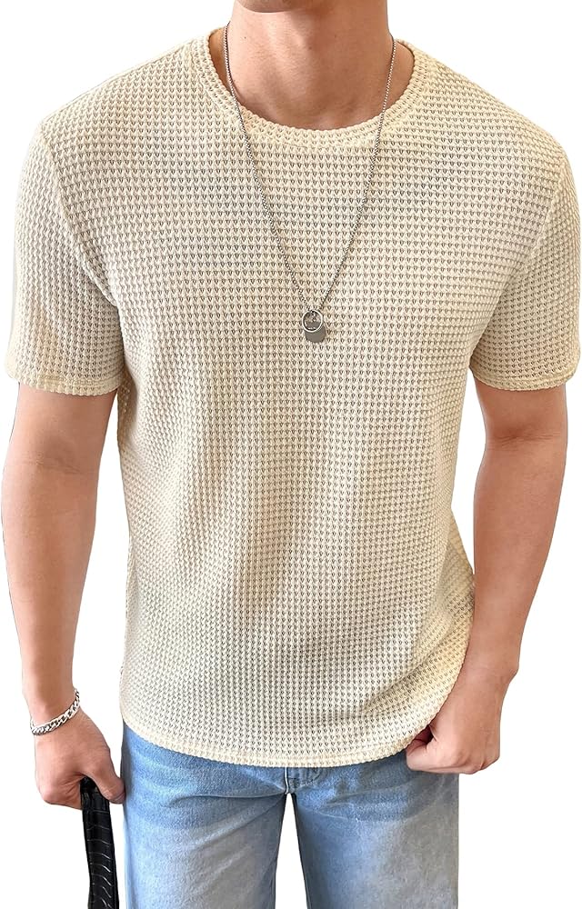 WDIRARA Men's Round Neck Short Sleeve Waffle Knit Tee Summer Casual T Shirt Tops