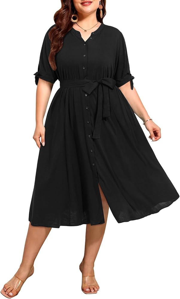 Pinup Fashion Women's Summer Midi Dress Plus Size Casual Shirt Button Down Half Sleeves Sundress with Pockets