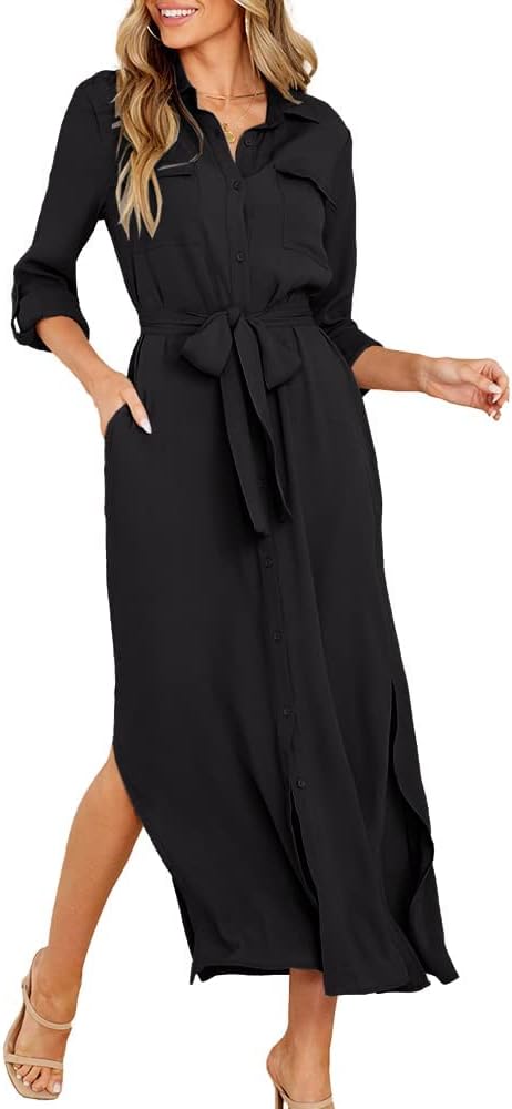 Fekermia Women's Button Down Shirt Dresses Roll Up Long Sleeve Dress Causal Belted Slits Midi Dress with Pockets