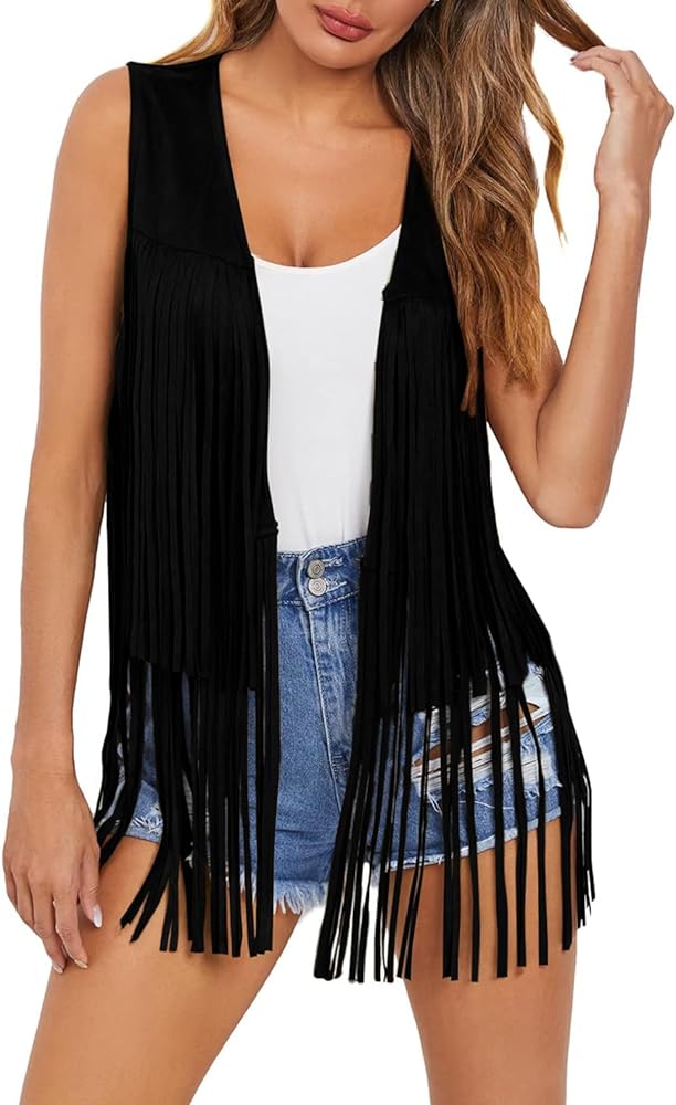 Dokotoo Womens Fringe Vest 70s Hippie Costume Sleeveless Cowgirl Western Faux Suede Tassel Leather Outerwear