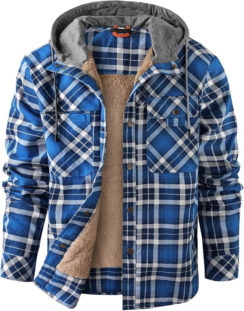 Fleece Sherpa Lined Plaid Flannel Hooded Fleece Lined Men Jacket Casual Button Down Shirt