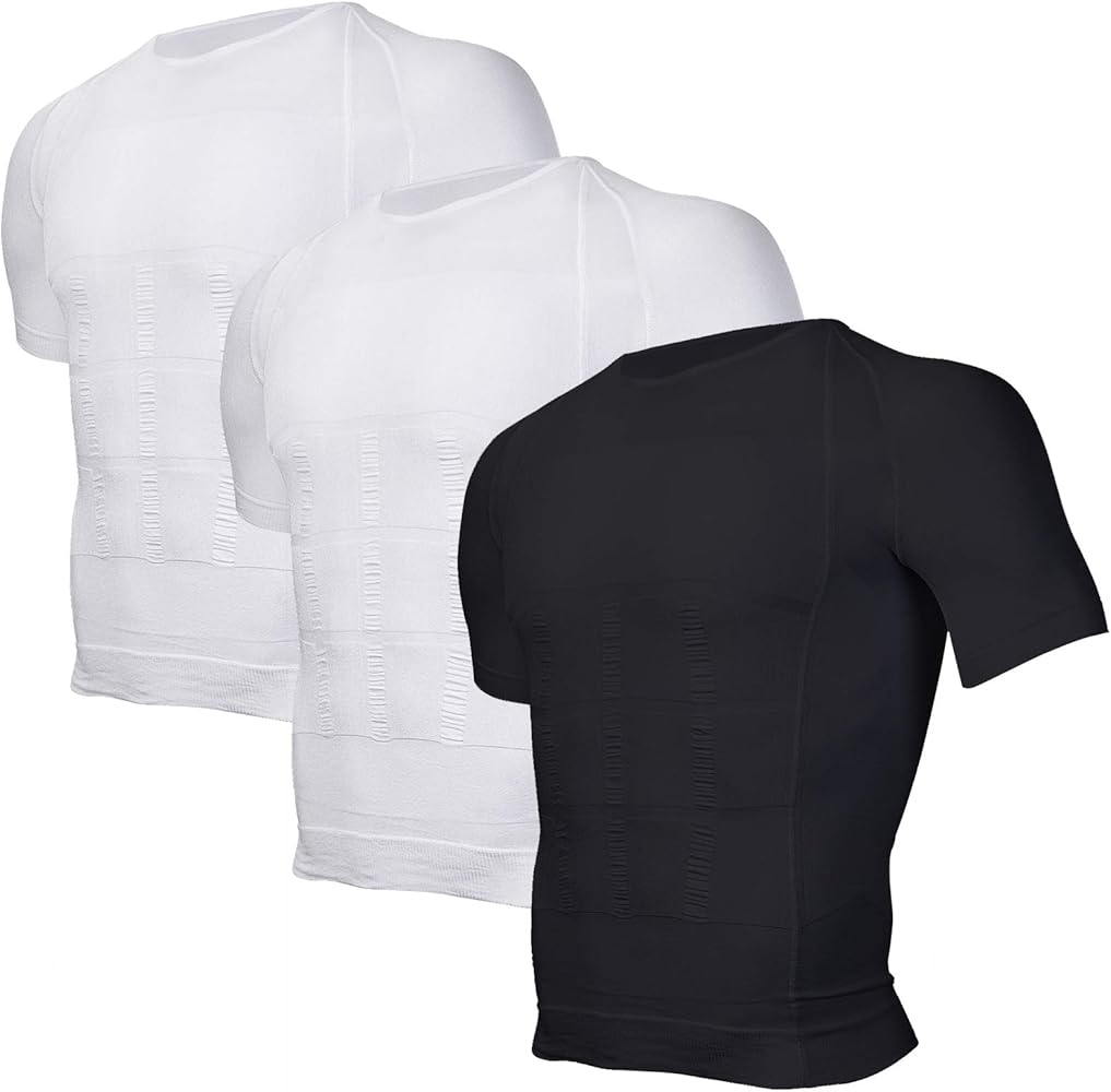 Odoland 3 Pack Men's Body Shaper Slimming Shirt Tummy Vest Thermal Compression Base Layer Slim Muscle Short Sleeve Shapewear, White/White/Black, XL