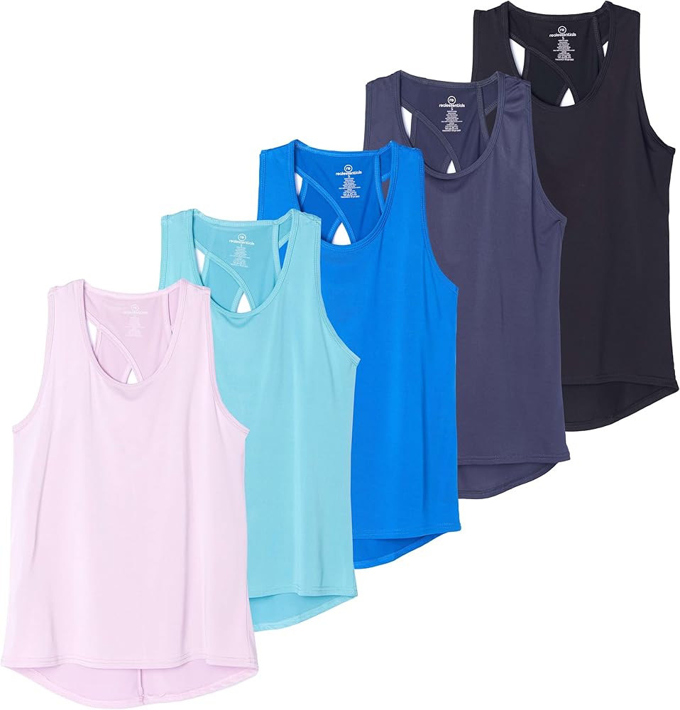 Real Essentials 5 Pack: Women's Crossback Keyhole Open Back Workout Tank Top Dry-Fit Sleeveless Yoga Gym (Available in Plus)