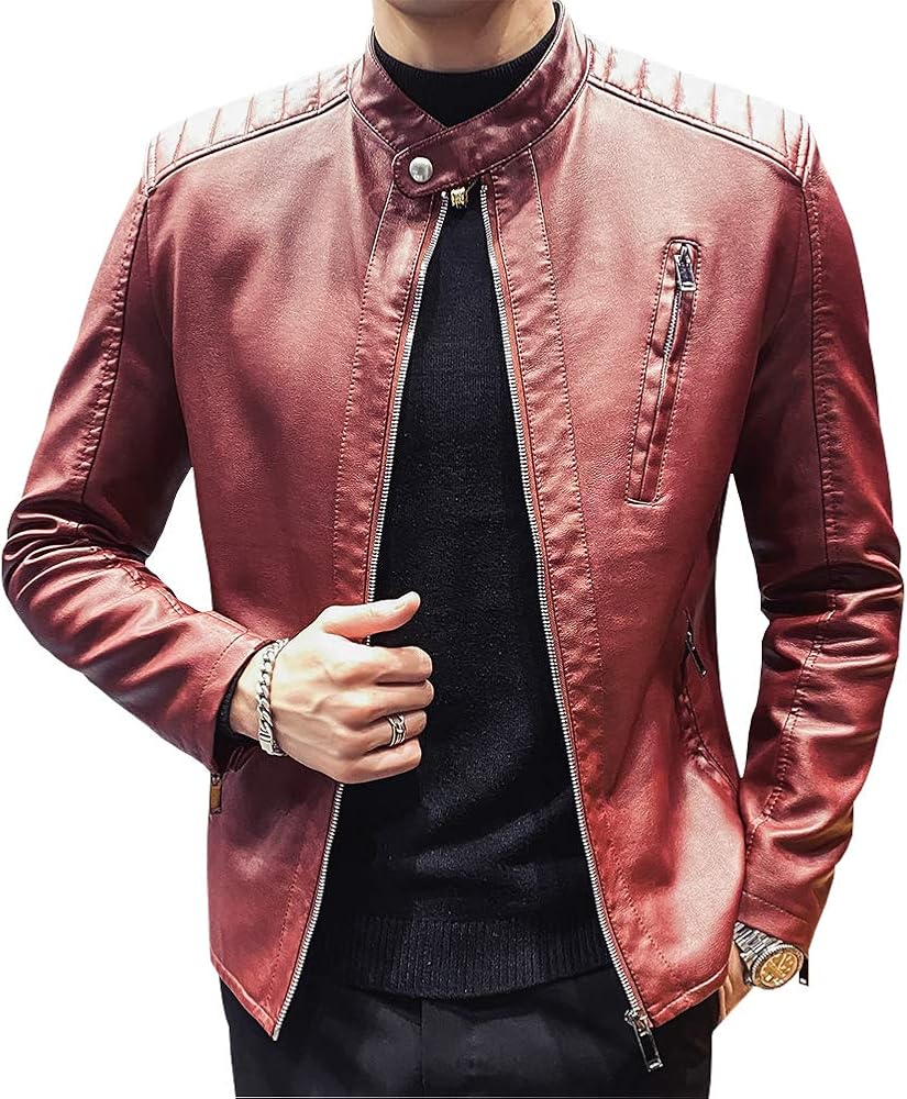 Mens Casual Stand Collar Slim Fit Faux Leather Jacket Biker Motorcycle Jacket