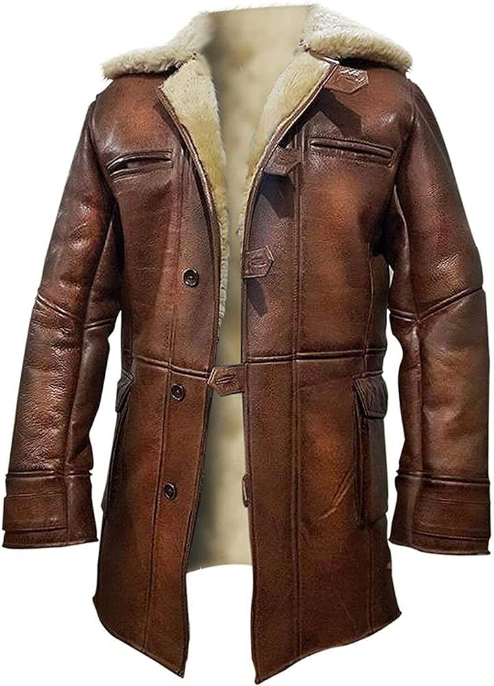 Bane Rises Fur Shearling Pea Coat Men's Distressed Brown Trench Leather Jacket