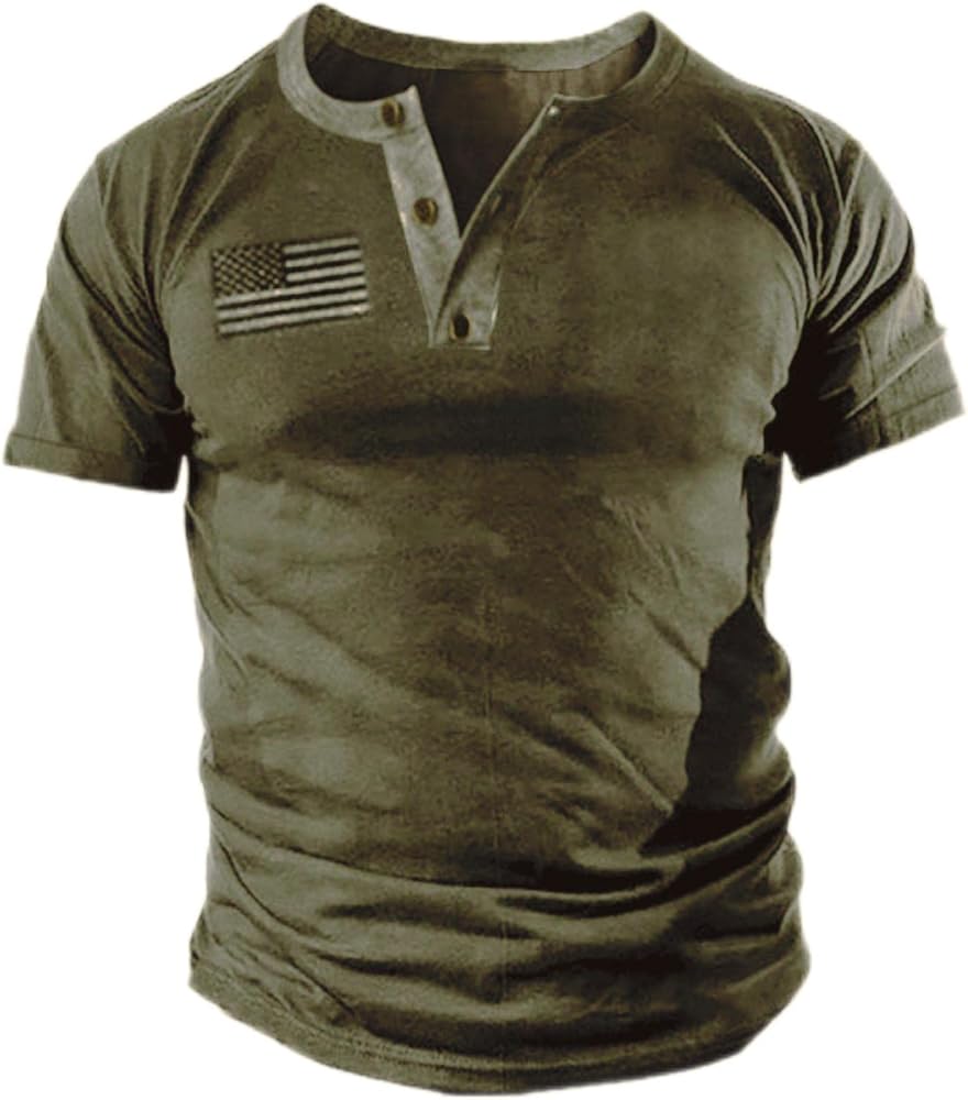 Mens Casual Button Short Sleeve Henley T-Shirts Patriotic Tactical Military Army Shirts for Men