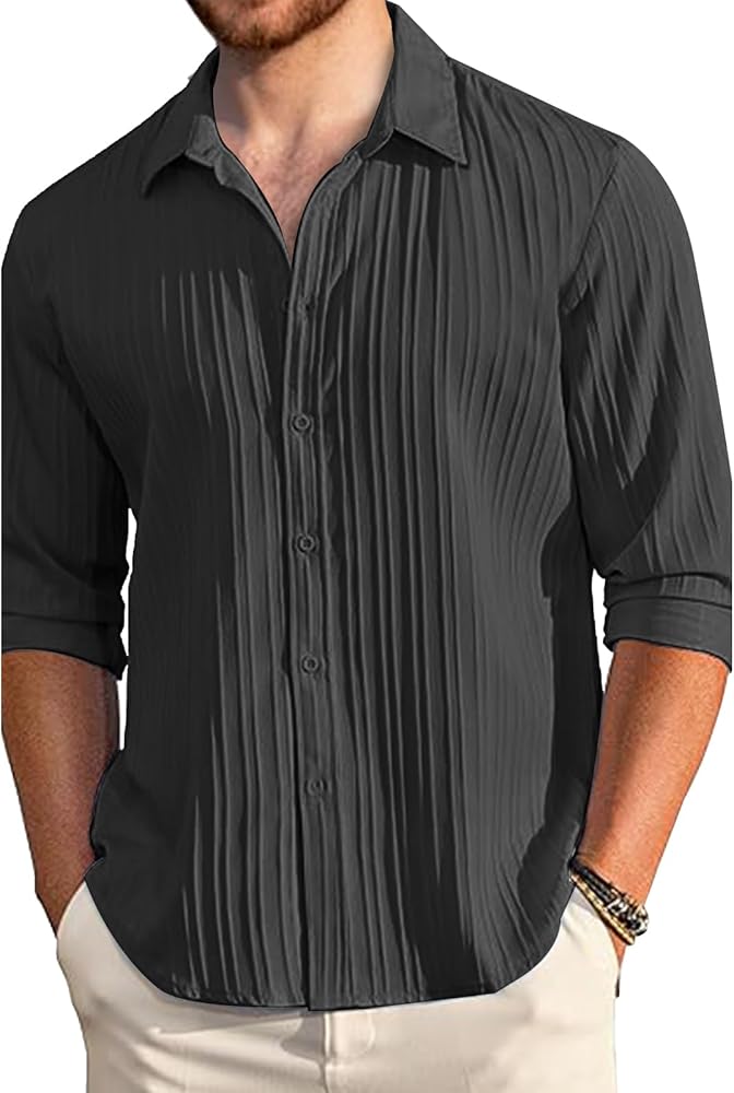 Mens Long Sleeve Cuban Camp Guayabera Shirt Linen Hippie Beach Button Down Shirts