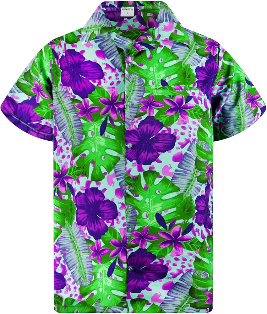 KING KAMEHA Funky Hawaiian Shirt Men Shortsleeve Frontpocket Hawaiian-Print Leaves Flowers Allover