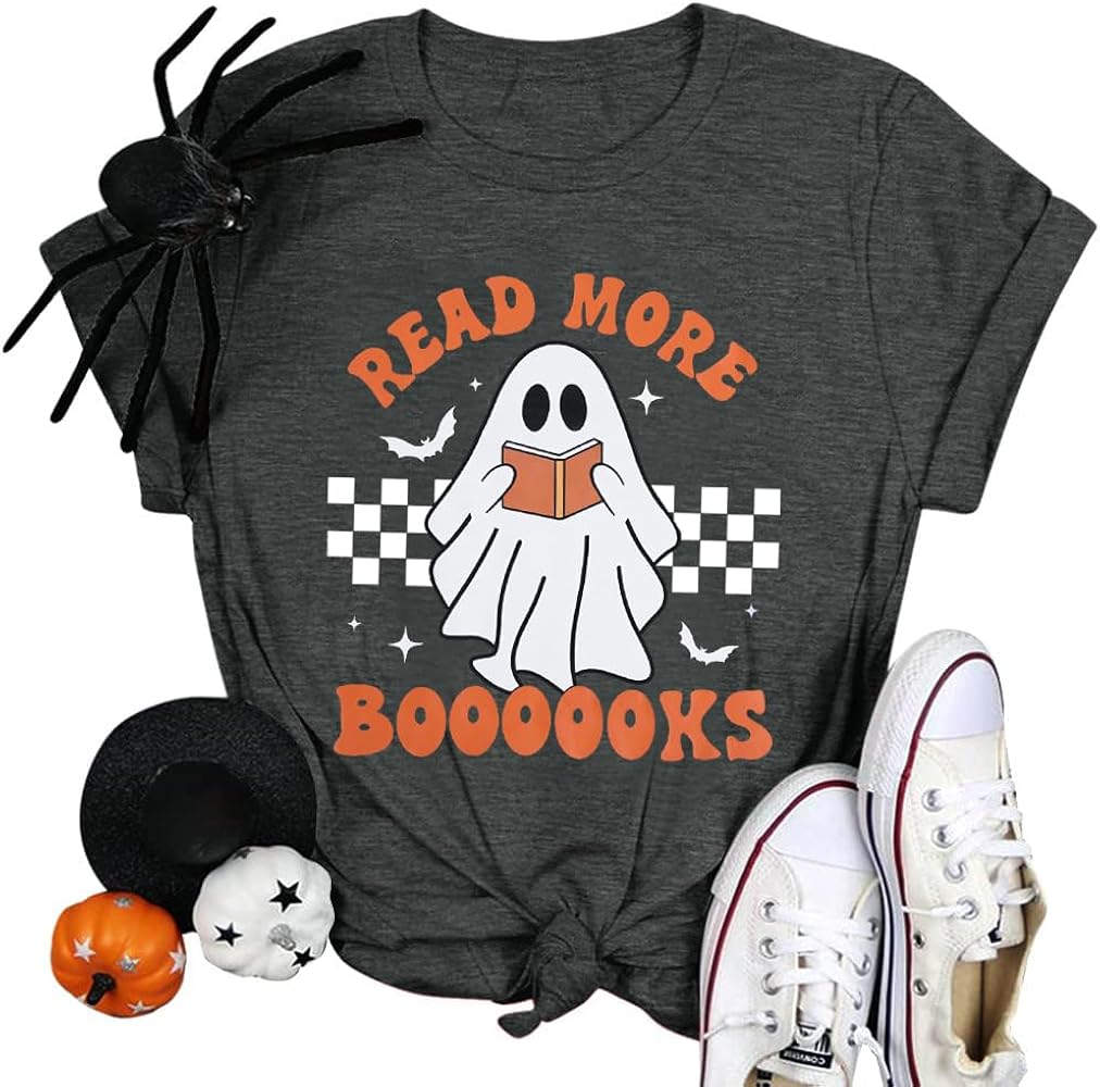 Halloween Teacher Shirts for Women Groovy Read More Books Ghost T-Shirt Short Sleeve Halloween Party Tee Tops