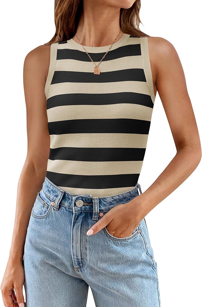 ZESICA Women's Summer Knit Striped Tank Tops 2024 Trendy Crewneck Sleeveless Shirts