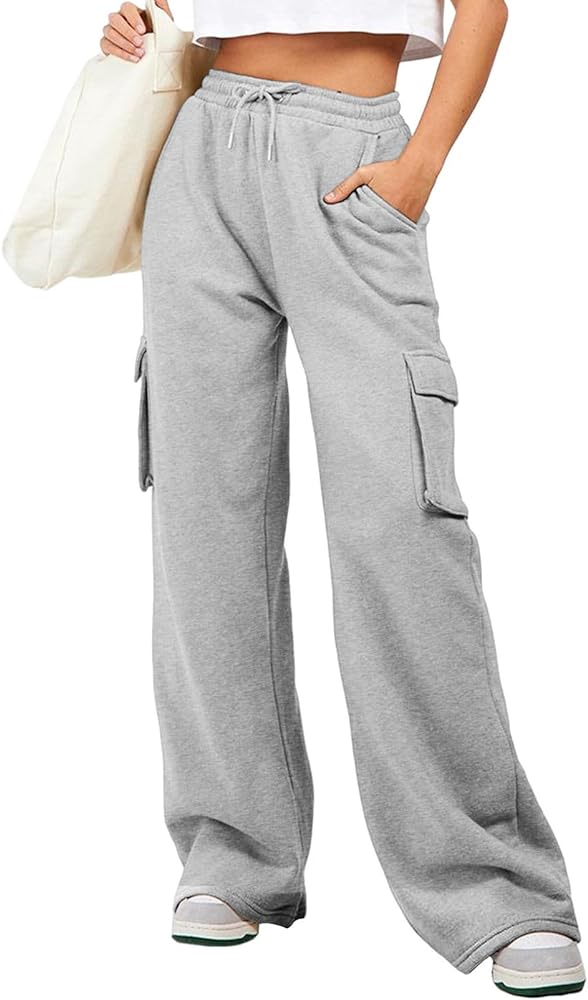 Aleumdr Women High Waisted Drawstring Wide Leg Cargo Pants 2024 Trendy Casual Baggy Joggers Pants with Pockets