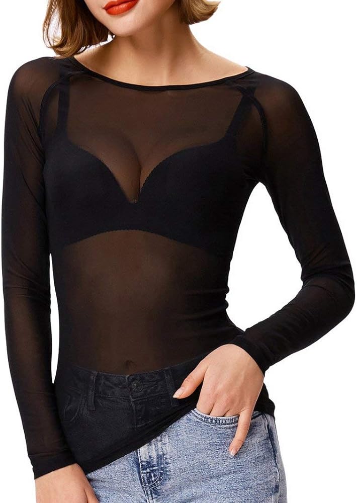 Women's Basic Long Sleeves Mesh Sheer Tops