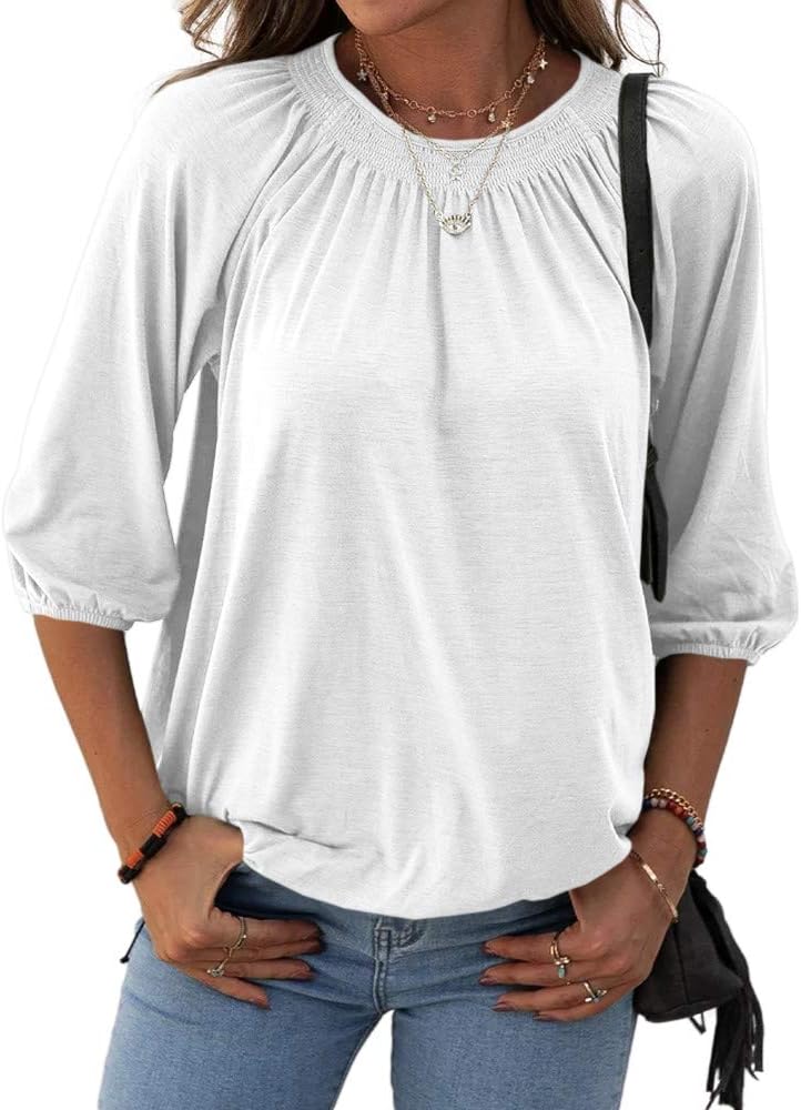 Grlasen Women's Solid Crew Neck T Shirt Blouse Cotton Half Sleeve 3/4 Sleeve Casual Loose Pleated Basic Tops