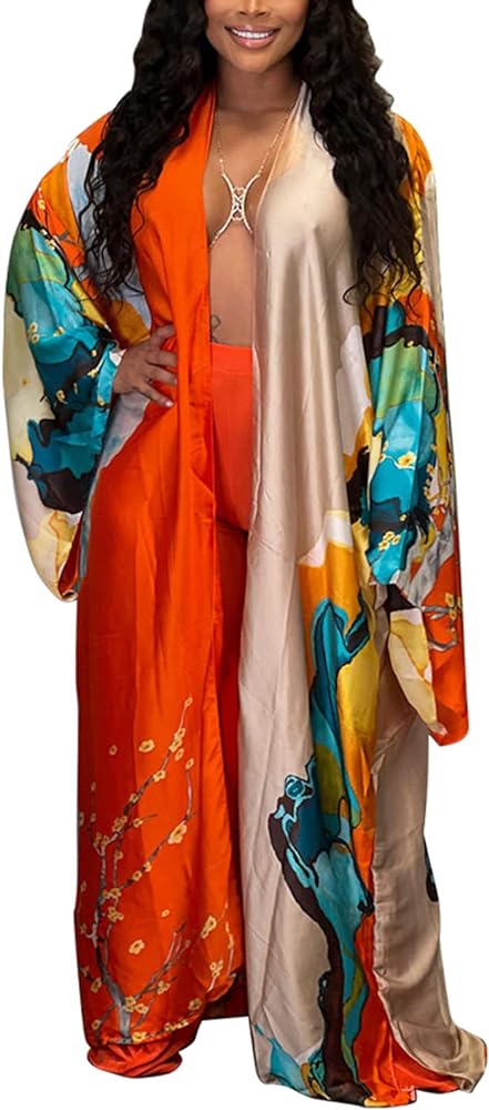 Vakkest Women's Floral Print Kimono Cardigan Boho One Size Long Open Front Robe Cover Ups Dress Flowy Loose Satin Outerwear