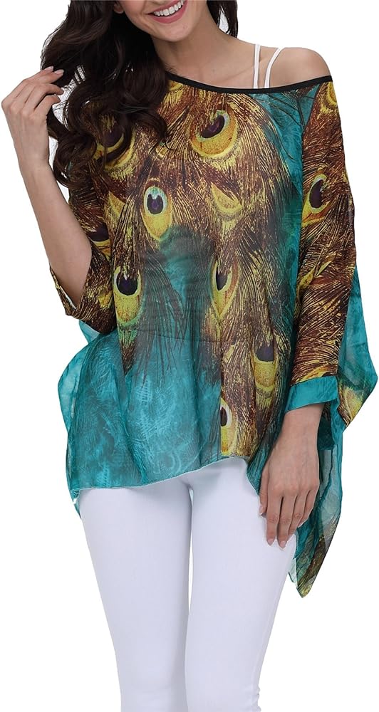 Women Summer Floral Printed Shirt Batwing Sleeve Top Chiffon Poncho Casual Loose Blouse