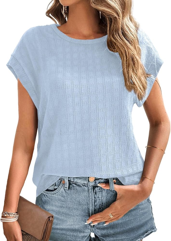 Dokotoo Tops for Women Trendy Summer Casual Cap Short Sleeve Basic Textured Solid Color Round Neck T Shirts Blouse