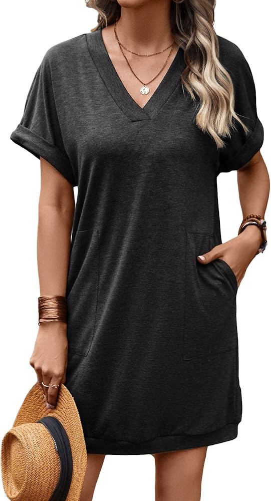 SOLY HUX T-Shirt Dress for Women V Neck Short Sleeve Basic Tunic Top T Shirt Dresses Casual Dress with Pockets