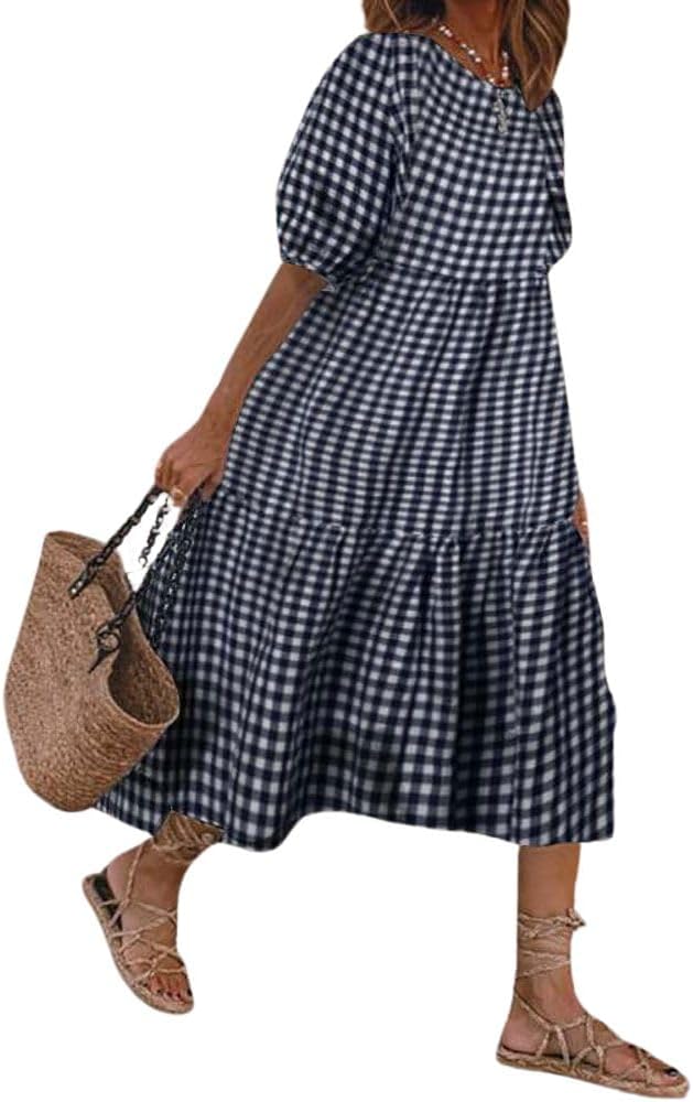 chouyatou Women's Retro Lantern Puff Sleeve Plaid Dress Gingham Swing Tiered Midi Long Dress