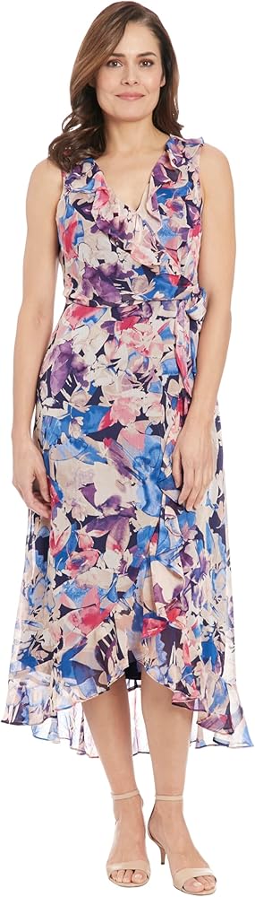 London Times Women's Sleeveless Ruffle Detail Faux Wrap Tie Midi Dress