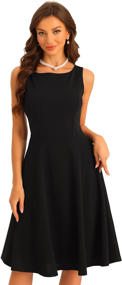 Allegra K Sleeveless Work Dress for Women's Boat Neck High Waisted Fit and Flare Dresses