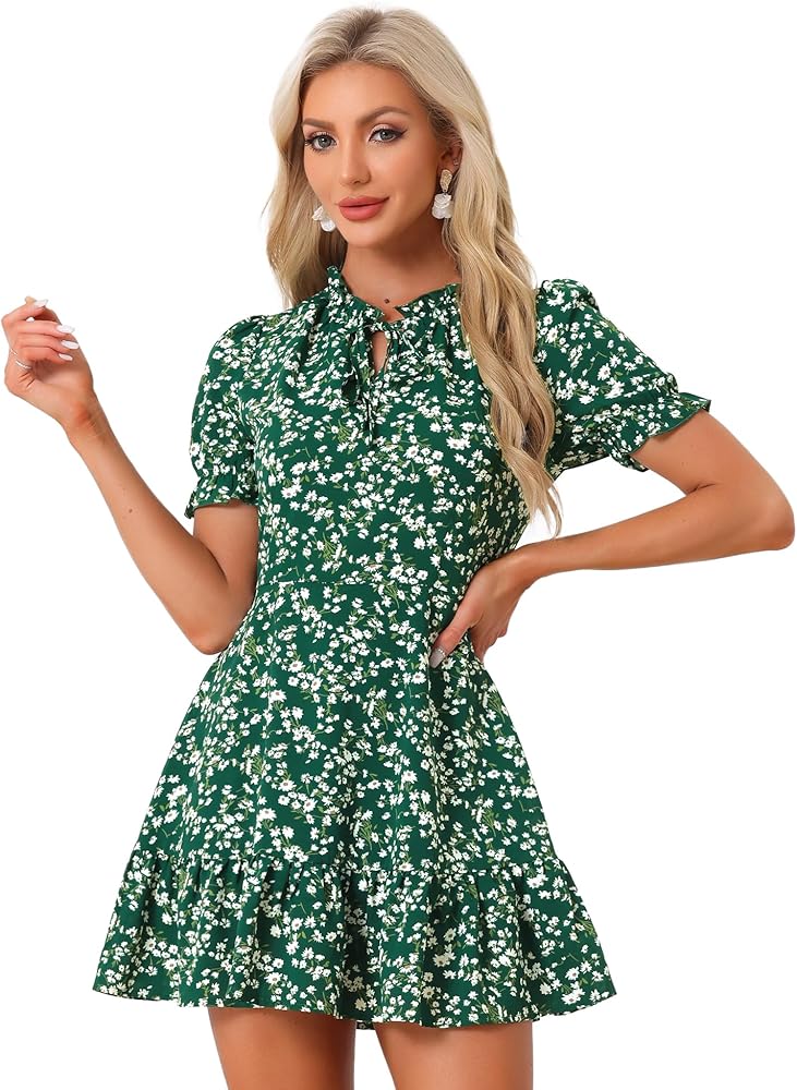 Allegra K Women's Ruffle Dress 2023 Summer Chiffon Tie Neck Puff Short Sleeve Floral Smock Dress