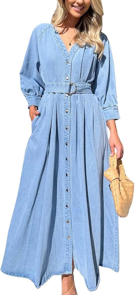 chouyatou Women's Boho V-Neck Button Down Swing Maxi Denim Dress 3/4 Sleeve Casual Belted Long Jean Dress