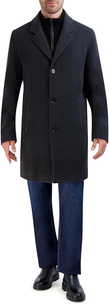 Cole Haan Men's Car Coat with Rib Knit Bib and Faux Leather Detail