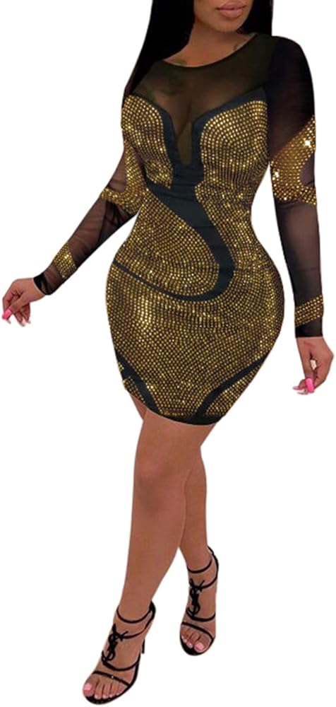 PORRCEY Women's Sexy Rhinestone Long Sleeve Night Club Dress Party Clubwear Evening Dress