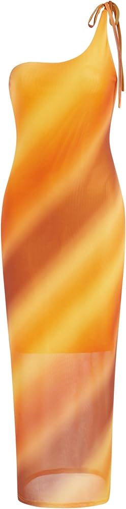 CIDER Miami Sunset Vacation Mesh Asymmetrical Neck Ombre Midi Dress