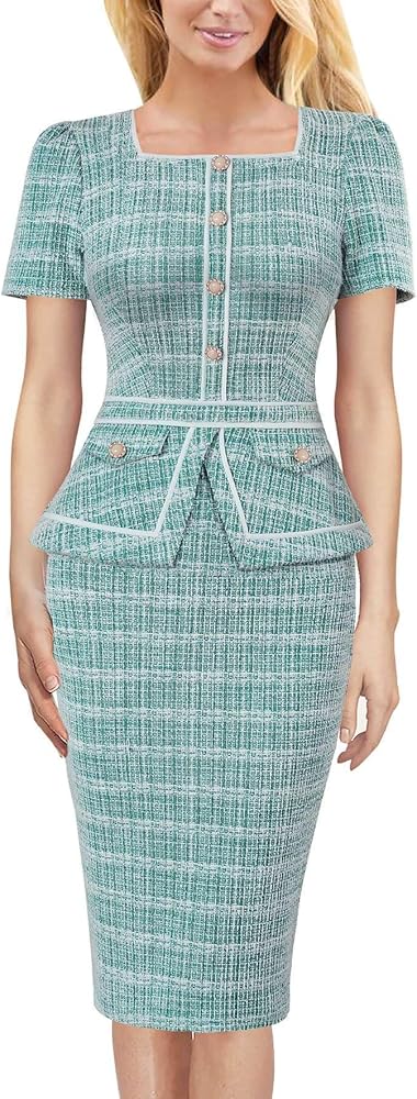 VFSHOW Womens Square Neck Buttons Peplum Cocktail Party Work Business Bodycon Pencil Dress