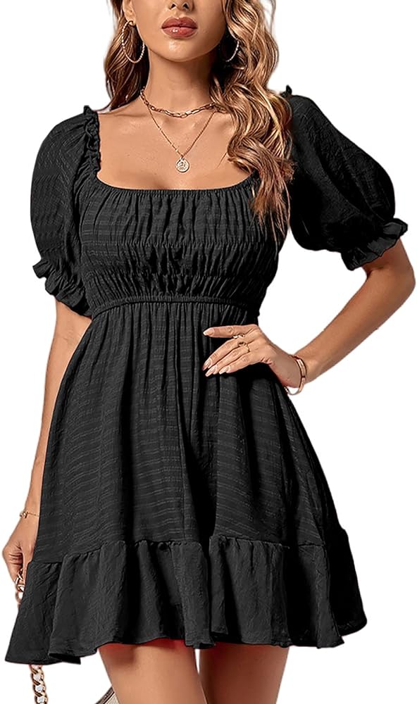 Rooscier Women's Square Neck Puff Short Sleeve Shirred Ruffle Flared Swing Mini Dress