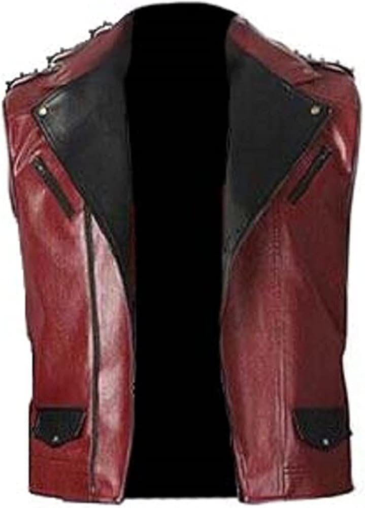 Mens Chris Hemsworth Thunder Punk Rock Red Genuine Studded Brando Leather Biker Vest