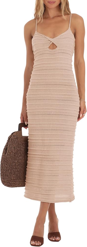 Saodimallsu Womens Crochet Knit Dress Summer Casual Sleeveless V Neck Spaghetti Strap Twist Midi Sweater Dresses