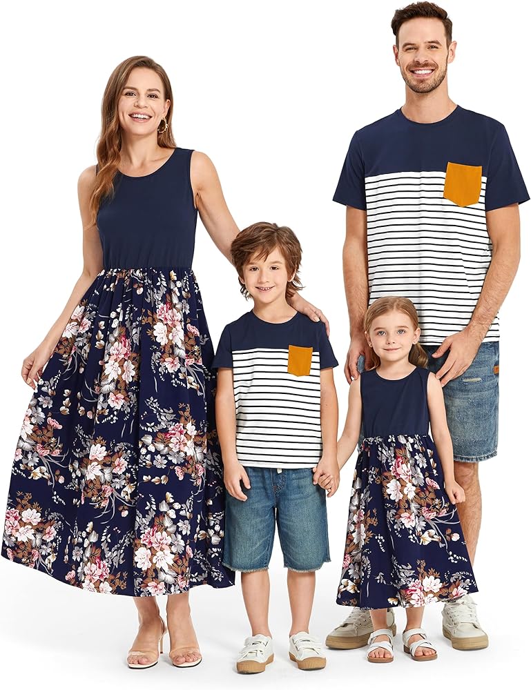 PATPAT Family Matching Outfits Mommy and Me Dresses Tropical Print Hawaiian Tank Maxi Dresses and Shirts Matching Sets